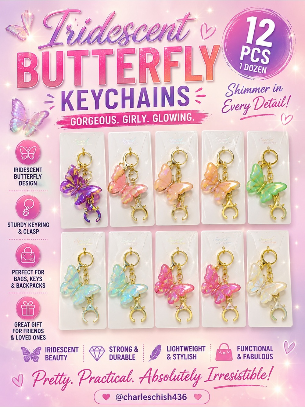 Iridescent Butterfly Keychains - 12 Pack (Pastel Mix)
